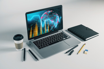 Laptop closeup with forex graph and world map on computer screen. Financial trading and education concept. 3d rendering.