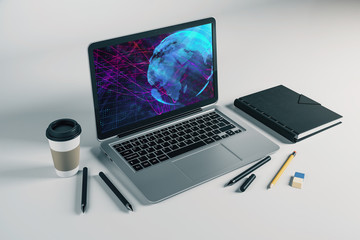 Laptop closeup with world map on computer screen. International education concept. 3d rendering.