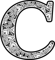 capital letter c with abstract flowers ornaments in black and white. design inspired from mandala art style for coloring. Isolated on white background