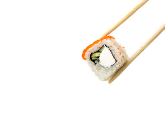 wooden sticks holds sushi on a clean white background