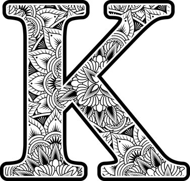 capital letter k with abstract flowers ornaments in black and white. design inspired from mandala art style for coloring. Isolated on white background
