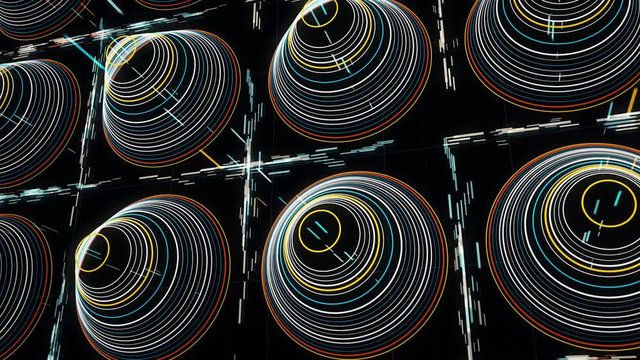Abstract futuristic background with glowing schematic pyramides of many circles and straight rays of lines moving perpendicularly on black background. Animation. Rings on space background, seamless