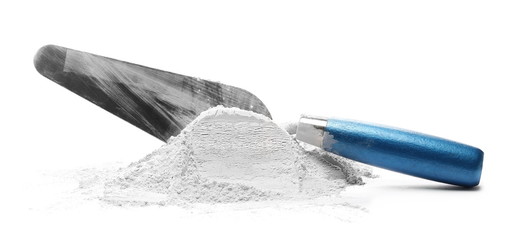 Metal trowel with cement isolated on white background