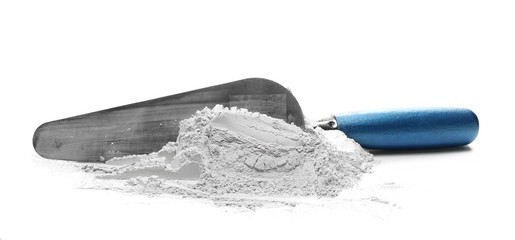 Metal trowel with cement isolated on white background