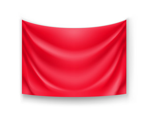 Realistic red banner for advertising or presentation. Blank rectangular flag template isolated on white background. Wavy fabric mockup with copy space. Horizontal branding object vector illustration