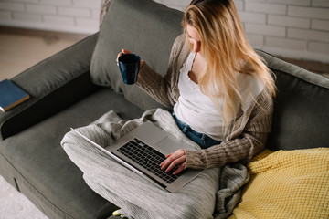 Young businesswoman working from home. Beautiful woman sitting on sofa and using laptop. 