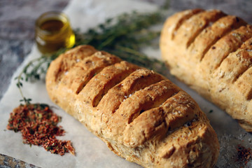 Freshly Italian bread. Selective focus. Macro.