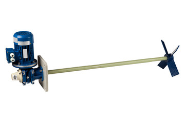 Industrial chemical barrel mixer with AC motor and gear box isolated on white background.