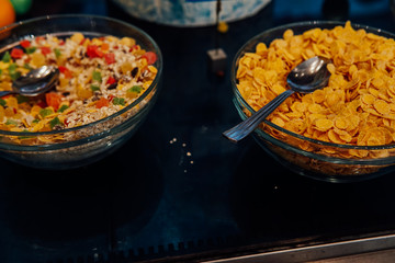 breakfast food in the morning in the kitchen of the restaurant i