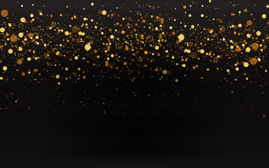 Luxury golden sparkle background, glitter magic glowing. Black and gold vector luminous dust with bokeh