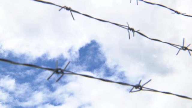 barbed wire against the sky. Barbed wire and sky focus.