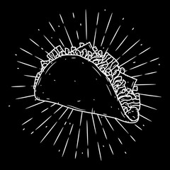 Taco. Traditional Mexican food. Vector illustration isolated on black background.
