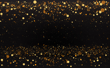 Luxury golden sparkle background, glitter magic glowing. Black and gold vector luminous dust with bokeh