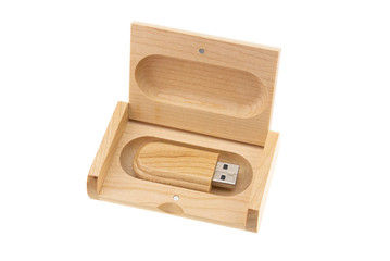 Wooden flash drive isolated on white background