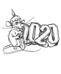 Year of the rat 2020. Funny cartoon rat. Vector template with the inscription 2020 and Rat. New Year on the Chinese calendar.