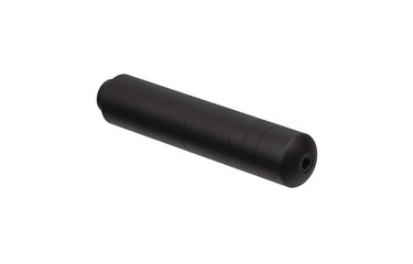Black silencer for weapons. Suppressor that is at the end of an assault rifle.