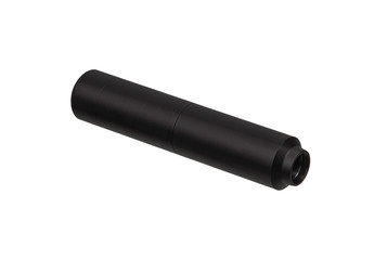 Black silencer for weapons. Suppressor that is at the end of an assault rifle.