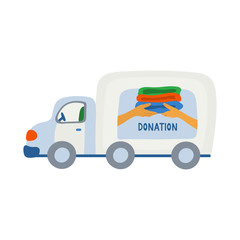 A truck with a charity logo. Donation pick-up service. Hand drawn vector illustration and lettering isolated on white background.