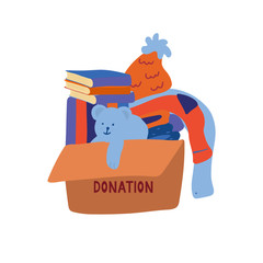 A box with items for donation: books, clothes, a teddy bear, a knitted hat. Blue and orange colors. Hand drawn vector illustration isolated on white background.