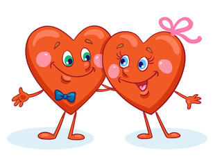 A pair of cute hugging hearts. In cartoon style. Isolated on white background. Vector illustration. Postcard for Valentine's Day.