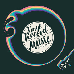 Vector music poster with vinyl record, record player and calligraphic inscriptions with rainbow decoration. Suitable for flyer, leaflet, card, brochure, invitation, cover