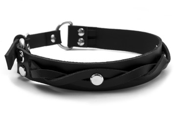 Black leather collar on a white background. Side view
