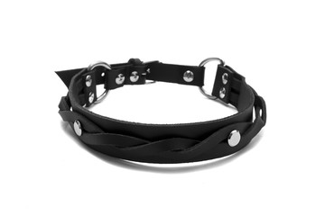 Black leather collar on a white background. Side view