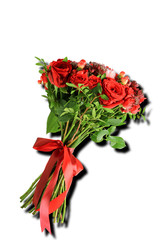 Flowers roses bouquet. Red color. Green color. White background. Shadow. Top view.