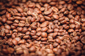 Beans of roasted coffee, macro photo.