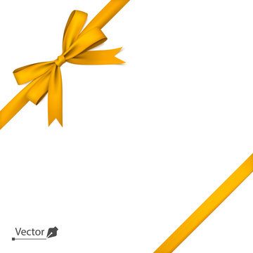 Golden isolated ribbon with bow tied to corner with a knot. Gift. Vector illustration.