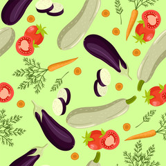 Seamless pattern with tomatoes, carrots, zucchini, eggplant. Vector graphics.