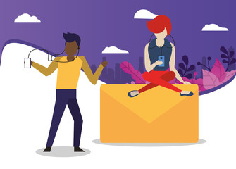 young couple using device with social media app