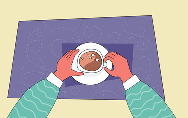 Hands holding coffee cup, person drinking coffee, flat vector illustration in top view