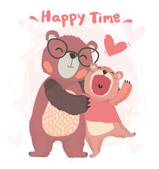 Fototapeta premium Daddy bear and baby bear hug with happy time, valentine card, cute animal character idea for child and kid printable stuff and t shirt, greeting card, nursery wall