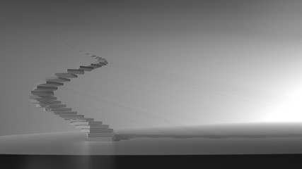 high spiral staircase in an abstract space illuminated with bright light voluminous particles. side view 3d illustration. Concept of Success Climbing and Finding Yourself