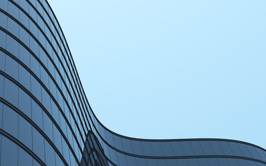 3D stimulate of high rise curve glass building and dark steel window system on blue clear sky background,Business concept of future architecture,lookup to the angle of the corner building. © nuchao