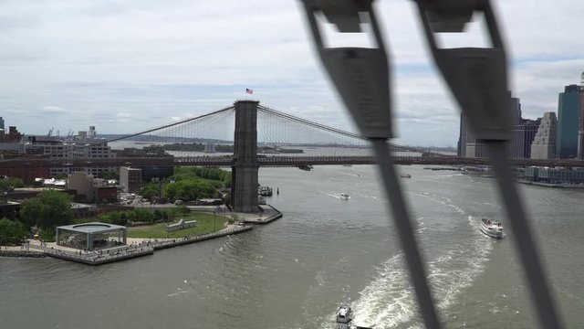 Panoramic shot of the Brooklyn Bridge and lower Manhattan shot while driving across the East River, Manhattan Bridge