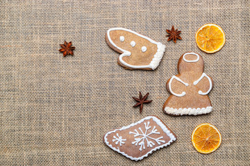 Gingerbread cookies, Christmas homemade gingerbread with empty copy space. Celebration cooking Winter concept. New year and Xmas postcard or invitation