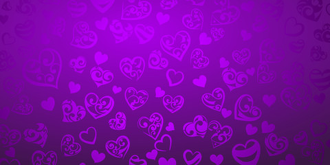 Background of big and small hearts with ornament of curls, in purple colors