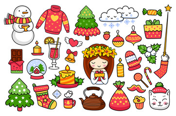 Big set of cute cartoon christmas stickers, pins, prints. Snowman, pine tree, candle, snow ball, bell and gift. Vector illustrations.