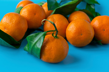Orange juicy ripe tangerines with green leaves on a blue background. Fruits and vitamins..