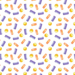 Watercolor pattern with yellow, orange and purple sweets. Round and rectangular sweet candies on a white background in cartoon style. Food illustration for packaging, paper, textile