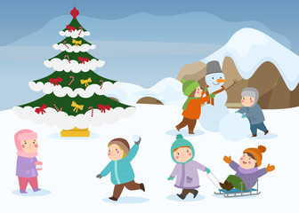 Children playing outdoor winter games in Christmas, New Year holidays vector illustration.
