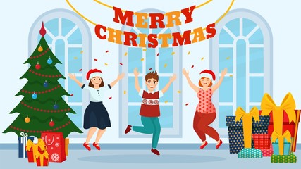 Christmas party celebration people with Christmas tree and gifts vector illustration.