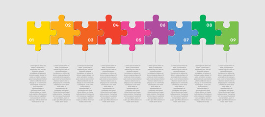 Nine pieces jigsaw puzzle square line infographic - obrazy, fototapety, plakaty