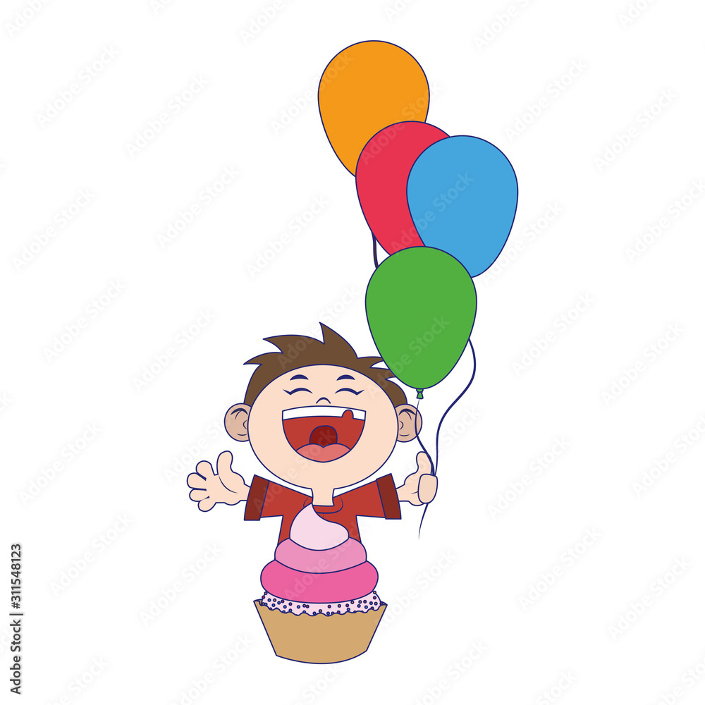 Poster cartoon happy boy with balloons and cupcake icon, colorful design