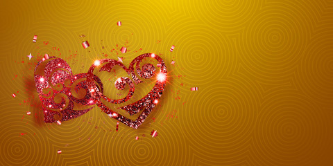 Valentine's day card with two shiny hearts of red sparkles with glares and shadows on yellow background