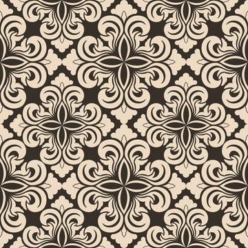 Seamless vector decorative pattern of beige floral elements in the form of a rhombus on a brown background. Symmetric texture for decoration of fabrics or wrappers