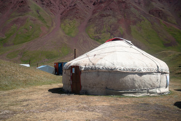 Yurts in the village on the road trip from Osh Kyrgyzstan to Tajikistan through the Pamir highway