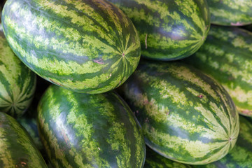 Fruits watermelon fresh green color. Close up of watermelons on farmers market.